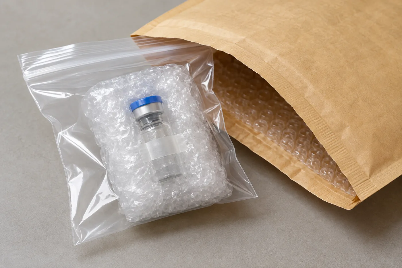 Illustrative packing example: Single vial in a padded envelope